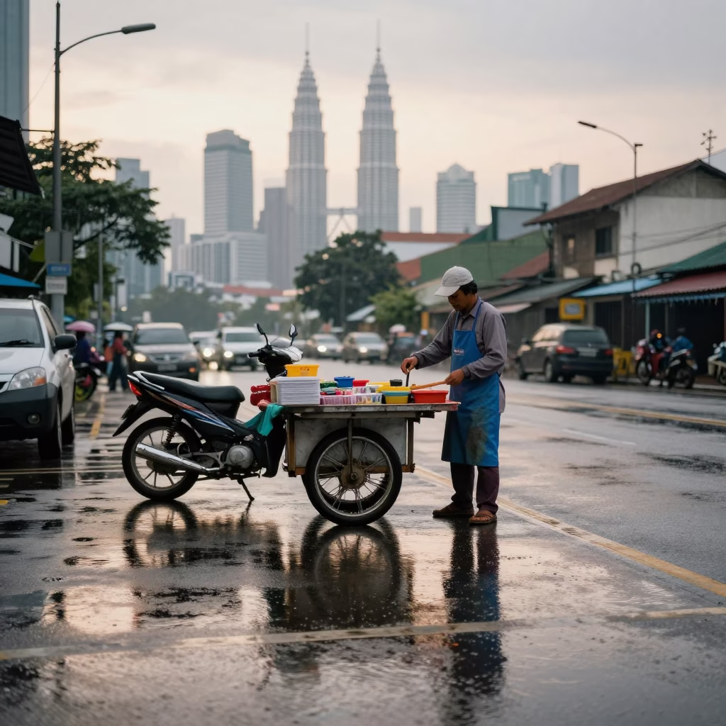 First Light Rain Reflections on Kuala Lumpur Street with Vendor Aprons in in Kuala Lumpur, Malaysia