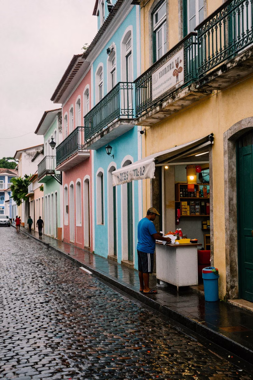 First light rain wet streets Salvador Brazil street scene in in Salvador, Brazil