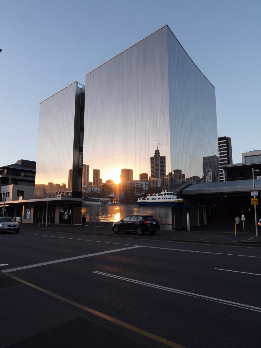 First Light Reflections on Auckland Steel and Street Life in in Auckland, New Zealand