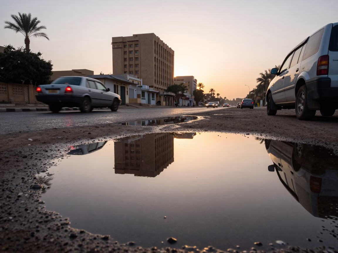 First Light Reflections on Luxor Nile Puddle with Hotel Windows and Tail Lights in in Luxor, Egypt