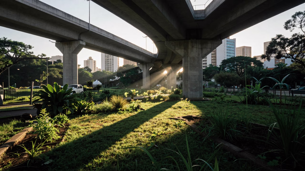 First Light Shadows on São Paulo Allotment Gardens Under Viaduct Arch in in São Paulo, Brazil