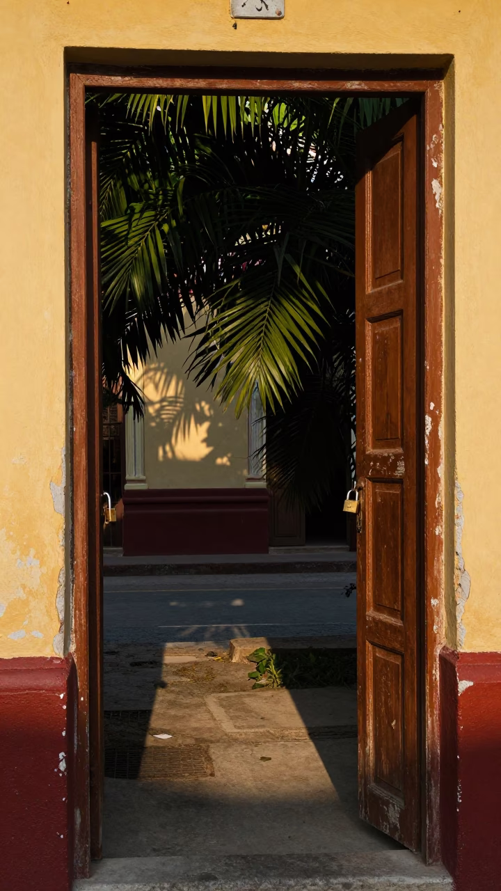 First Light Shadows on Weathered Havana Doorframe with Padlock and Leaf Patterns in in Havana, Cuba