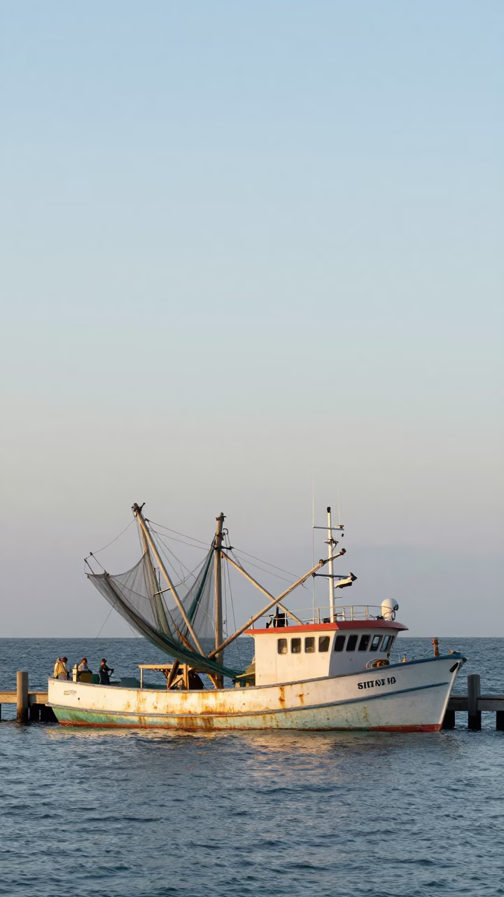 First Light Shining on Shrimp Trawler Nets Deployed in Miami Florida Harbor in in Miami, Florida, United States