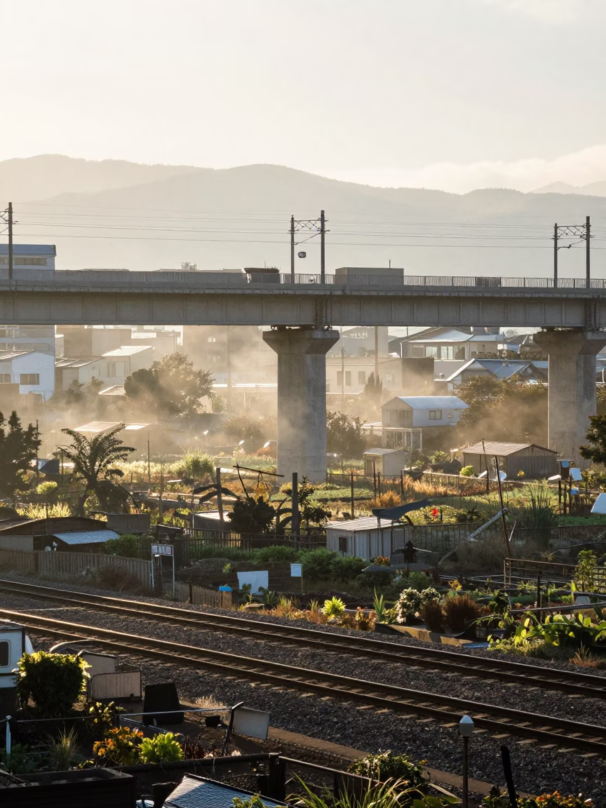 First Light Steam Haze Above Sapporo Rail Viaduct Shadowing Allotment Gardens in in Sapporo, Japan