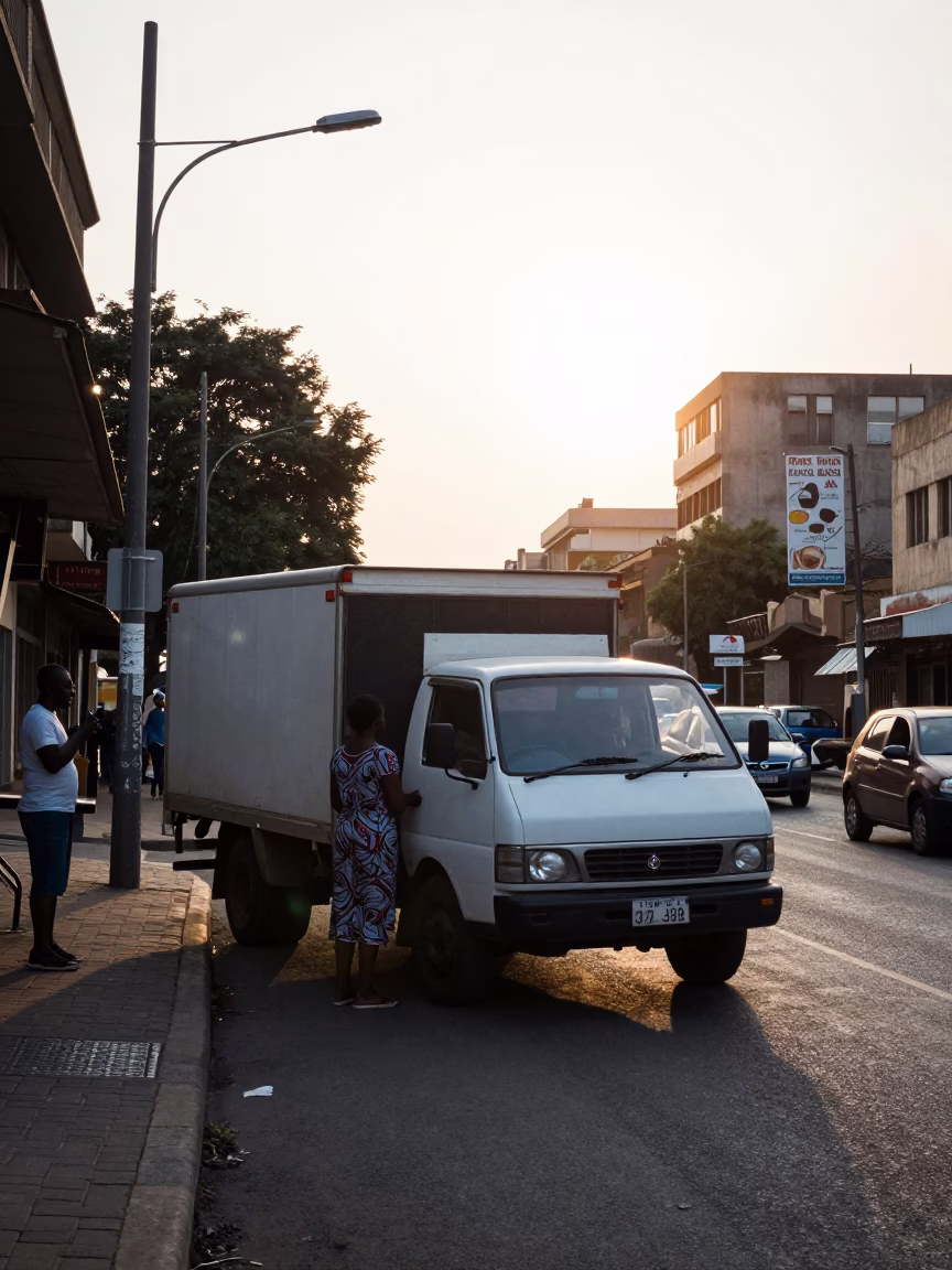 First Light Street Scene in Johannesburg South Africa with Truck and Local Life in in Johannesburg, South Africa