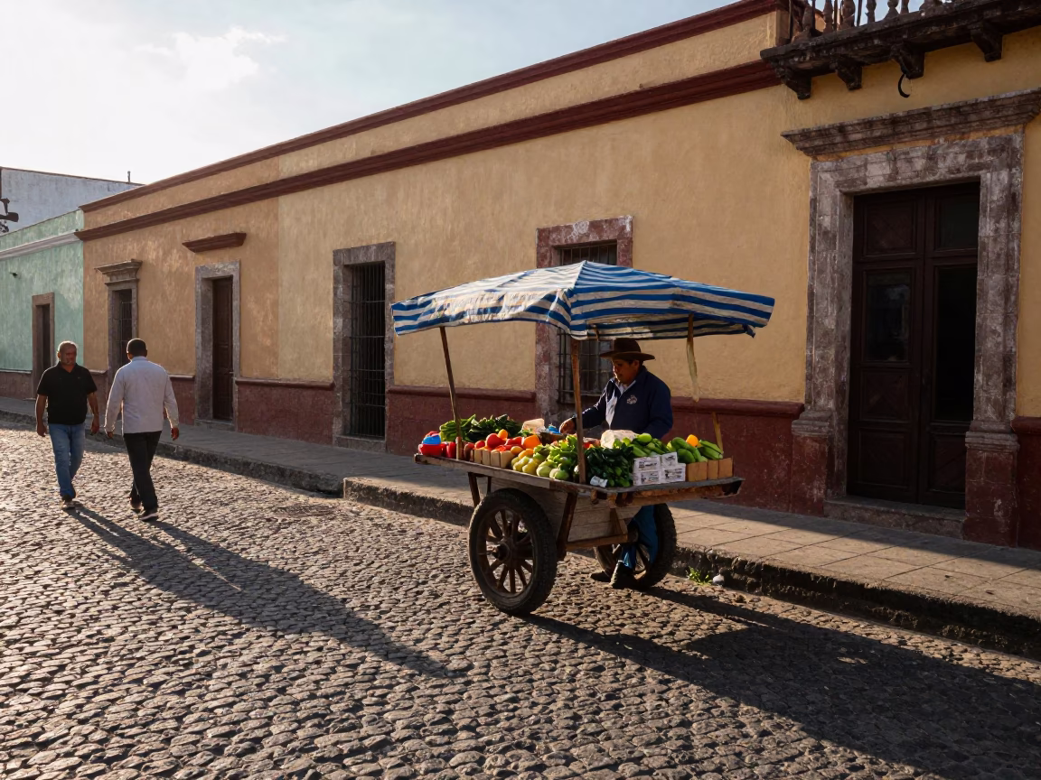 First light street scene in Merida Mexico with vendor and daily life in in Merida, Mexico