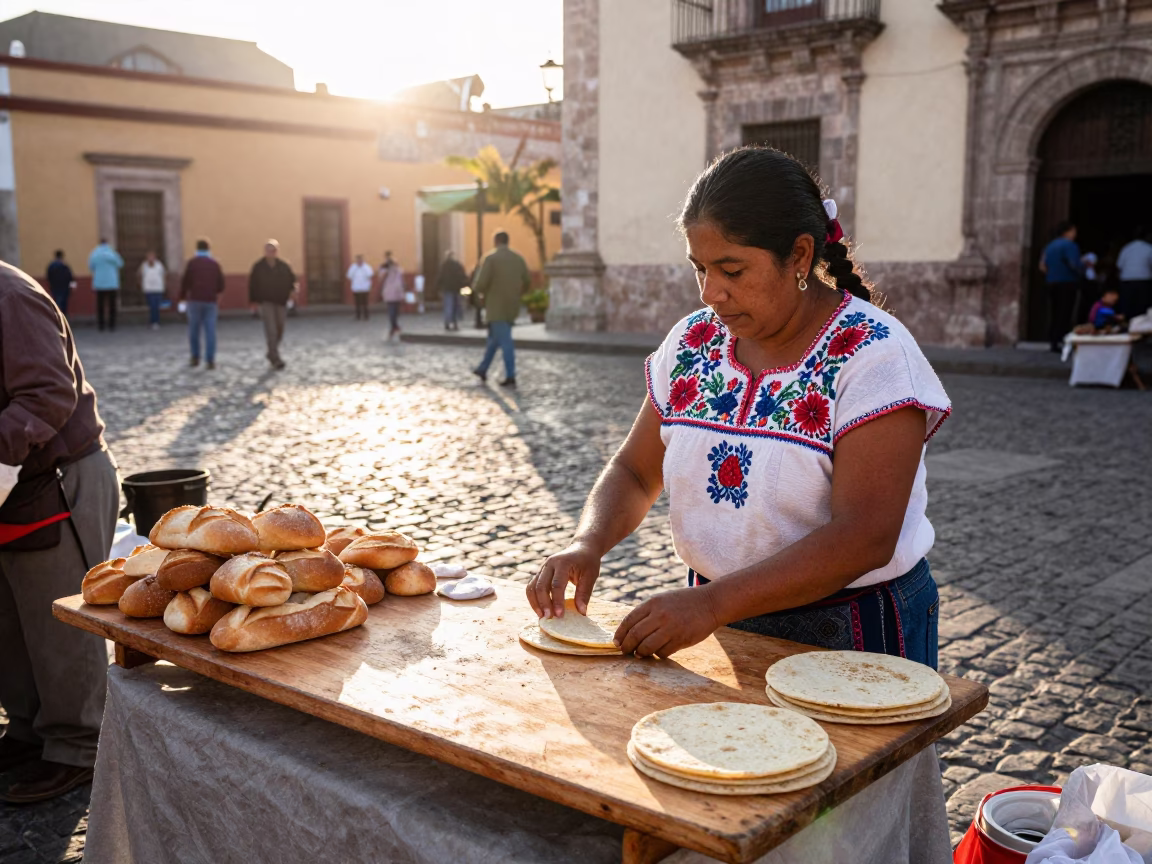 First Light Street Scene in Oaxaca Mexico Market Vendor with Bread Board and Condensation in in Oaxaca, Mexico