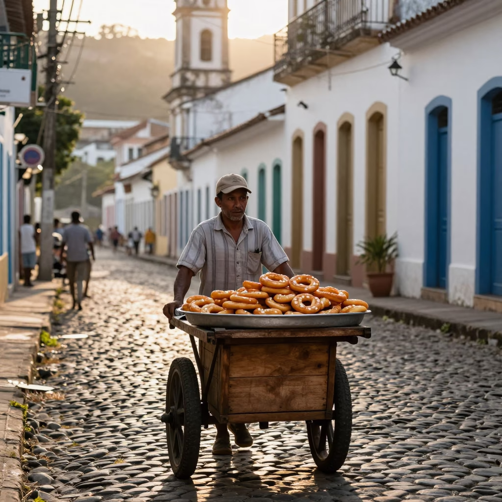 First Light Street Scene in Salvador Brazil with Mandazi Tray in in Salvador, Brazil