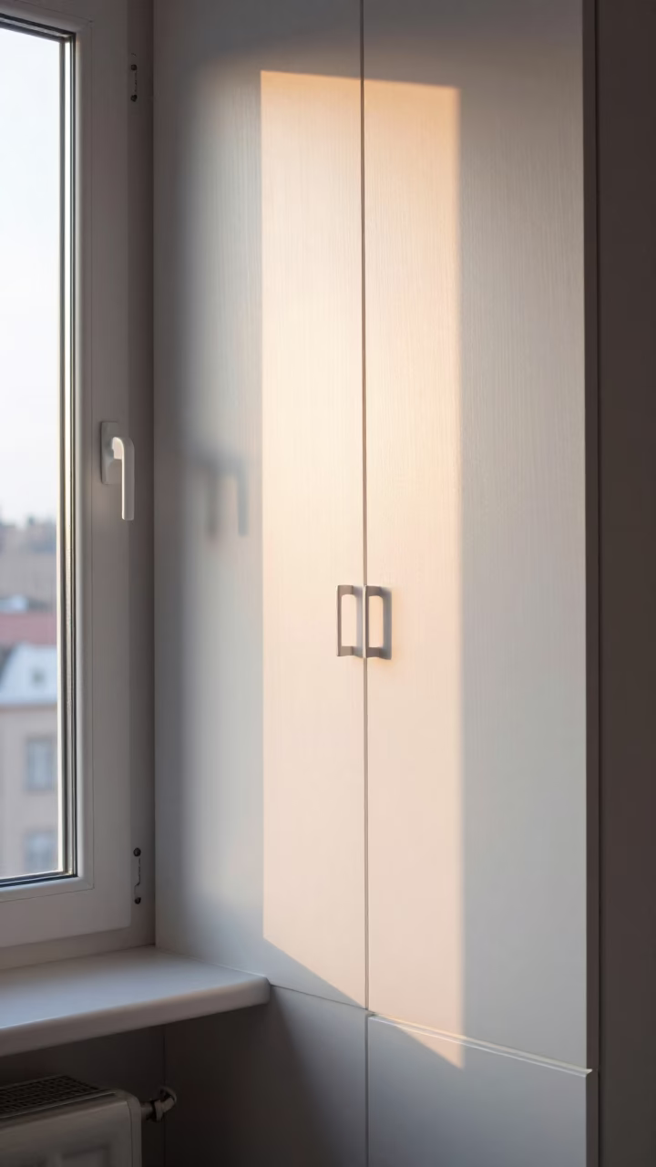 First light sun stripe across cabinet door in Stockholm Sweden interior in in Stockholm, Sweden