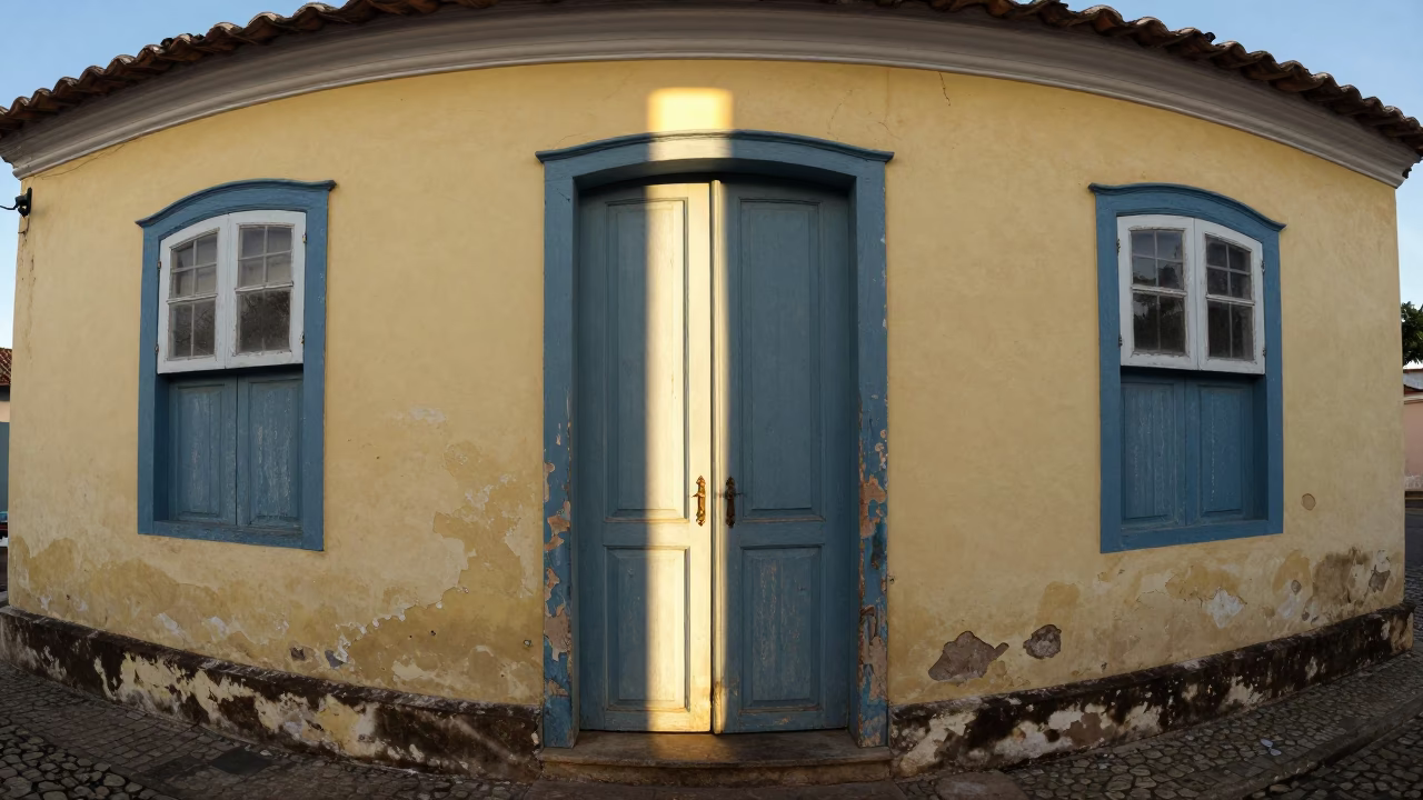 First light sun stripe across colonial doorframe in Salvador Brazil historic center in in Salvador, Brazil