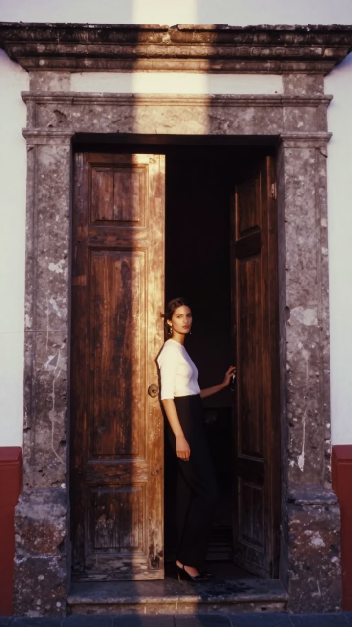 First Light Sun Stripe Across Historic Doorframe in Quito Ecuador High Fashion Portrait in in Quito, Ecuador