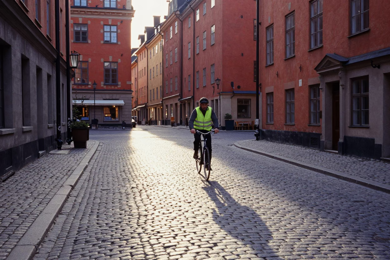 First Light Sun Stripe Across Stockholm Gamla Stan Cobblestone Alleyway Morning in in Stockholm, Sweden