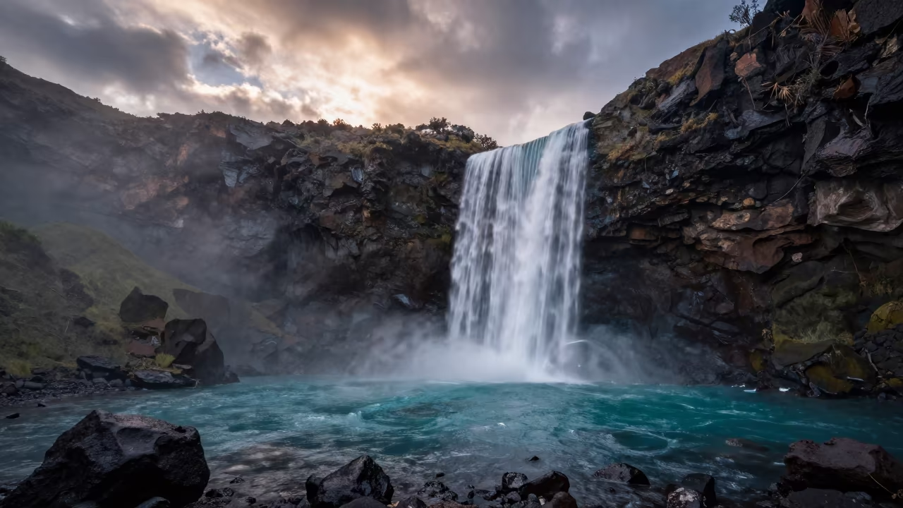 First Light on Turquoise Plunge Waterfall Near Quito in near Quito