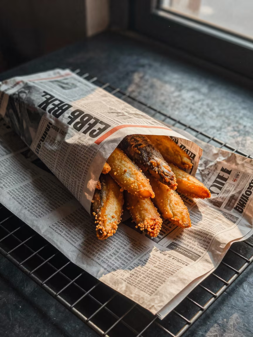 Fish and Chips on Bakery Rack Bhilai in on a bakery cooling rack in Bhilai