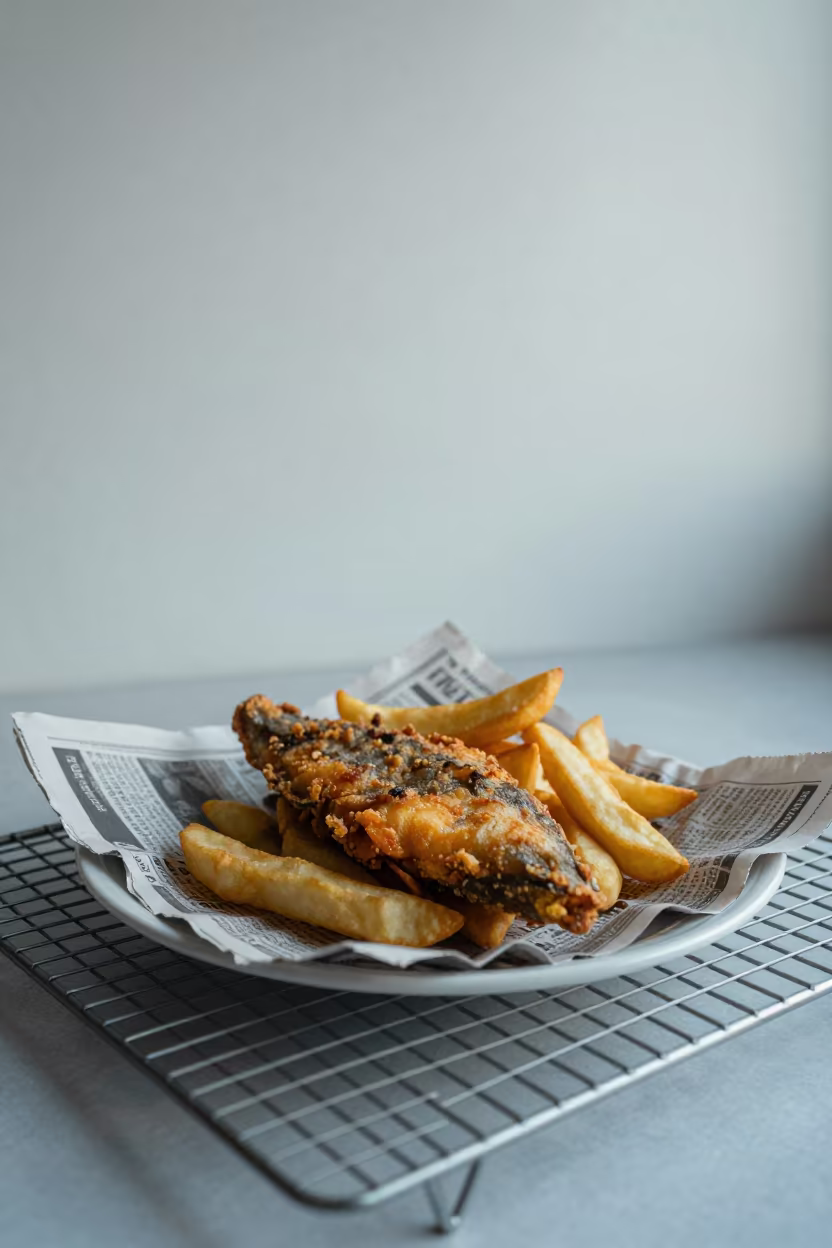 Fish and Chips on Bakery Rack in Pointe-Noire in on a bakery cooling rack in Pointe-Noire