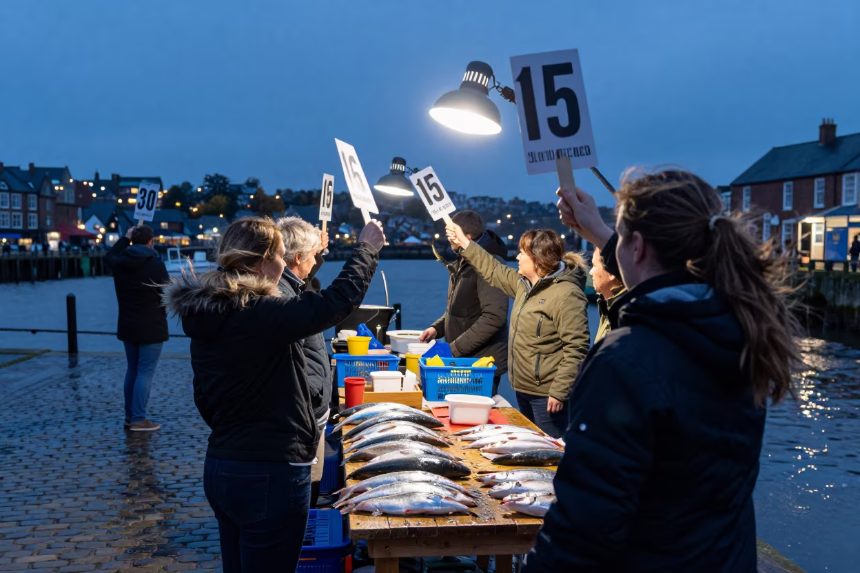 Fish Auction Bidders Raising Paddles at Bradford Quay in at a harbor quay near Bradford