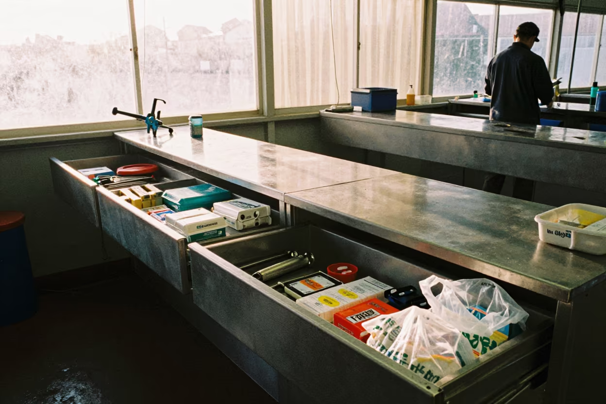 Fish Bag Oxygen Wrench Drawer Before Service in inside a fish bagging counter zone in Bradford