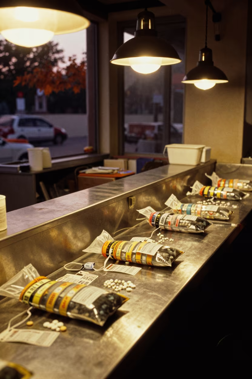 Fish Bagging Bench at Twilight in Khanewal in inside a fish bagging counter zone near Khanewal