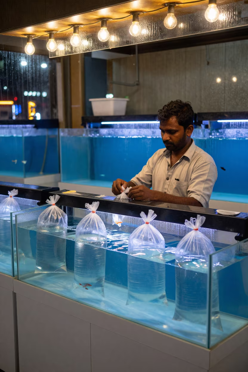 Fish Bagging Counter With Blue Reflections in inside a marine aquarium service room near Dharavi, Mumbai
