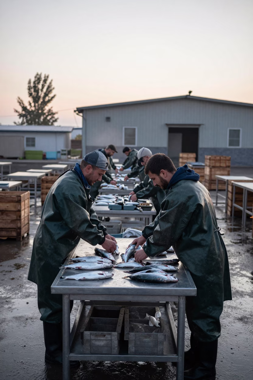 Fish Cannery Workers Sorting Catch at Dawn in at a harbor edge in Tashkent