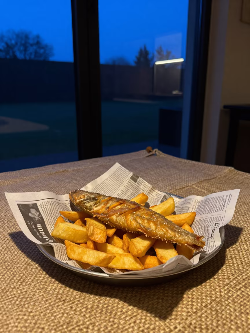 Fish and Chips on Newspaper in Kasulu Twilight in on a picnic blanket in Kasulu
