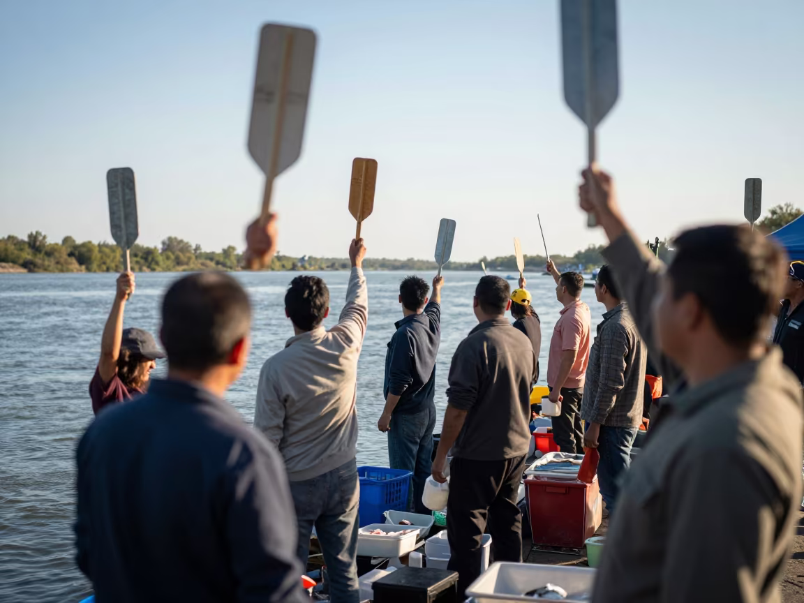 Fish Market Auction Bidders Raising Paddles in by a riverbank near Dadu