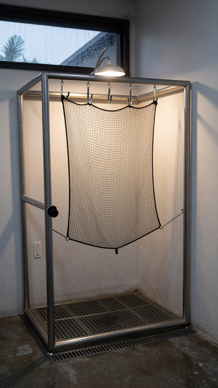 Fish Net Quarantine Hook Rail at Dog Wash in at a self-serve dog wash station near Guayaquil