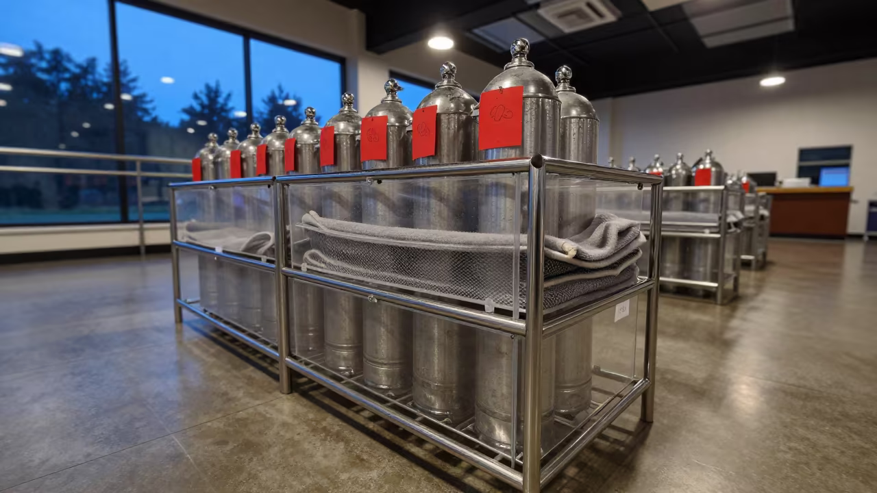 Fish Oxygen Canister Rack with Acrylic Bins in inside a fish bagging counter zone in Tabiat Bridge, Tehran