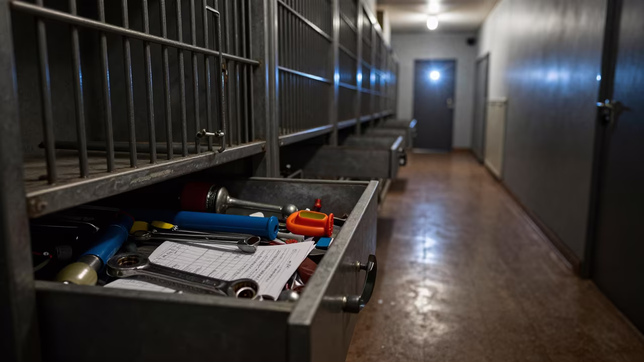 Fish Oxygen Wrench Drawer Night Prep in in a boarding kennel corridor in St Petersburg
