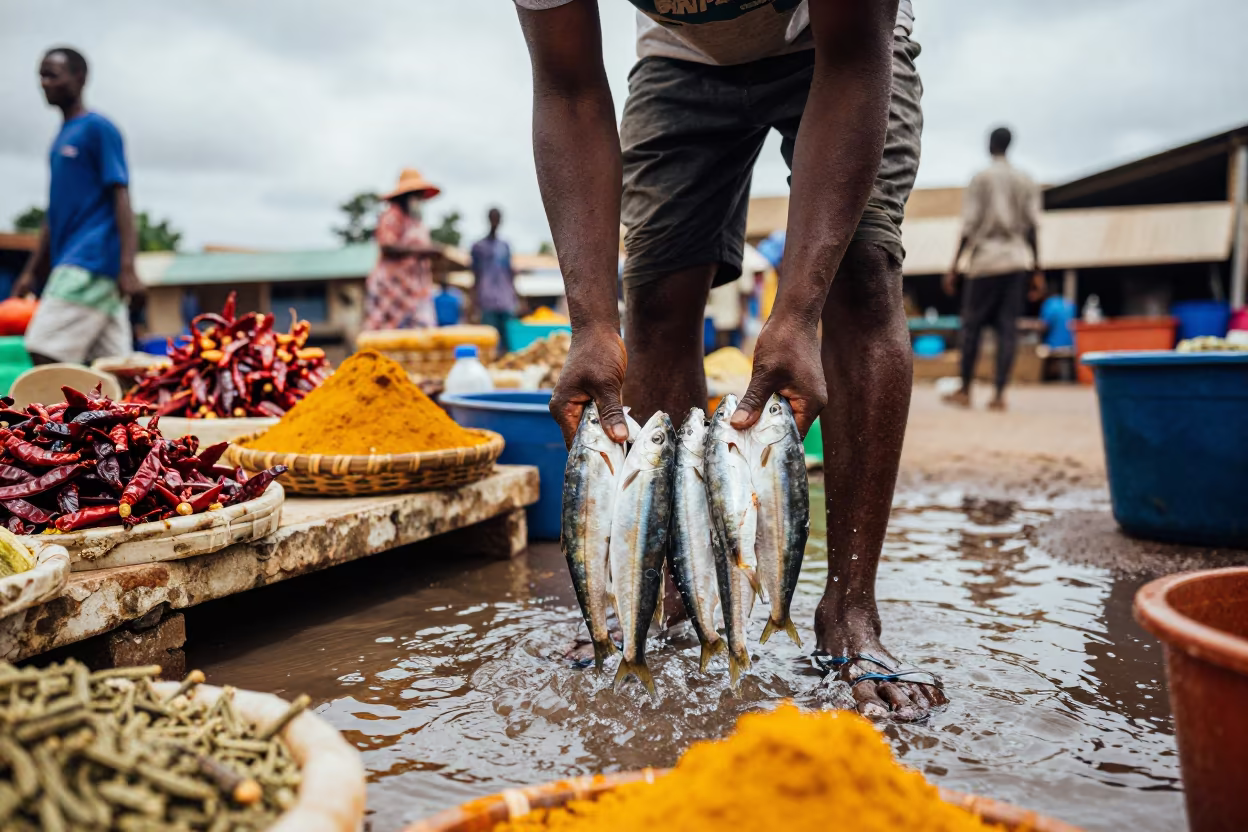 Fish Porter Carrying Silver Catch Through Meltwater in at a spice vendor's table in Duékoué