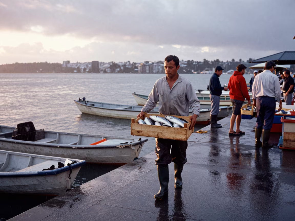 Fish Porter Carries Mackerel Crate at Dawn Market in at a floating market boat in Mount Eden, Auckland