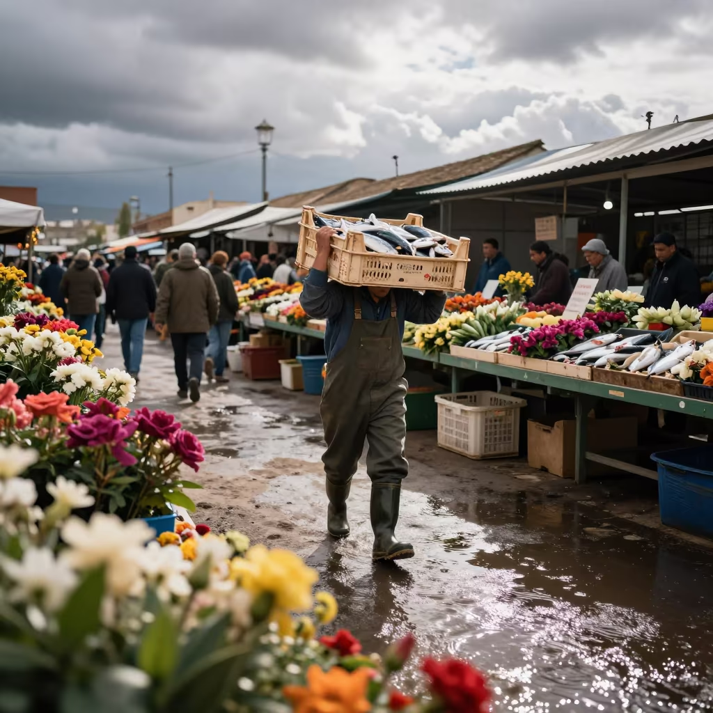 Fish Porter Carrying Mackerel Crate at Flower Auction in at a flower auction bench in Durán