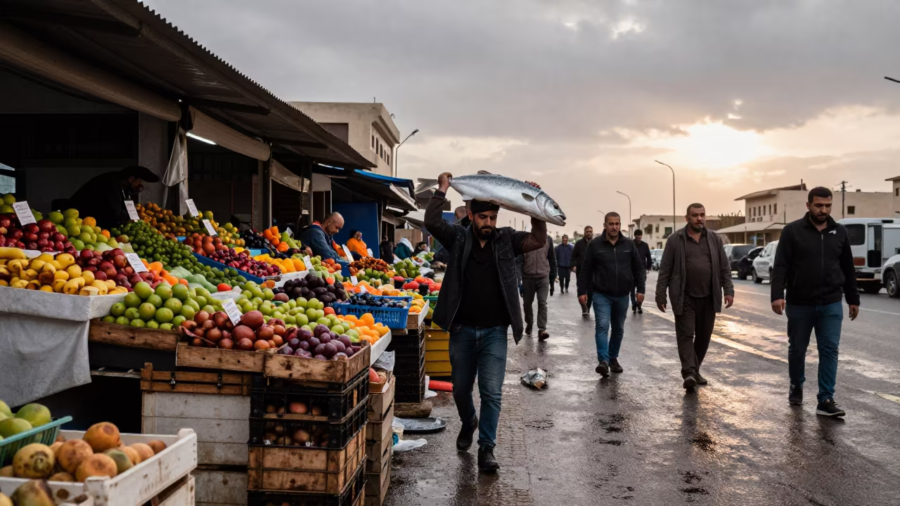Fish Porter Carrying Silver Catch Through Meltwater in at a roadside fruit stand in Tobruk