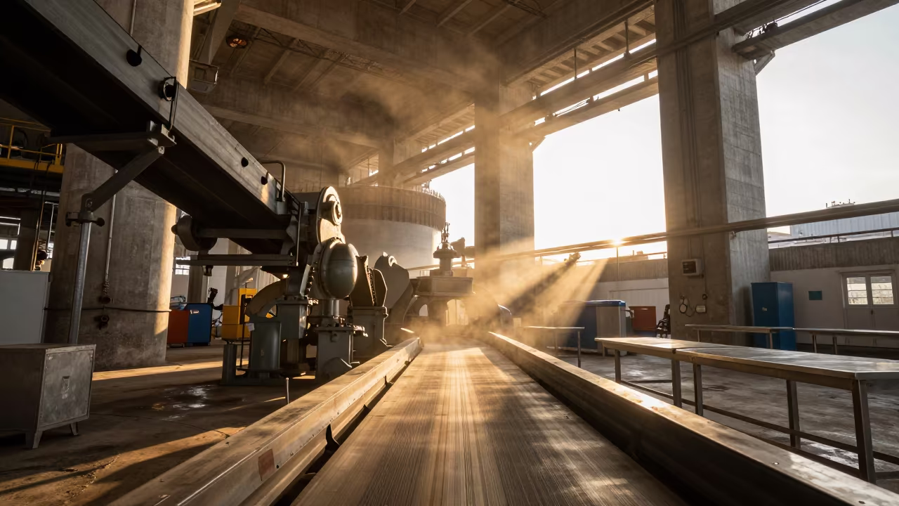 Fish Processing Conveyor in Turbine Hall at Golden Hour in in a turbine hall near Istanbul