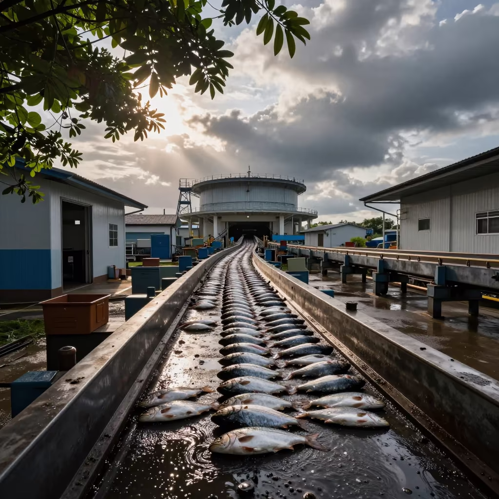 Fish Processing Conveyor in Turbine Hall in in a turbine hall near Thủ Đức