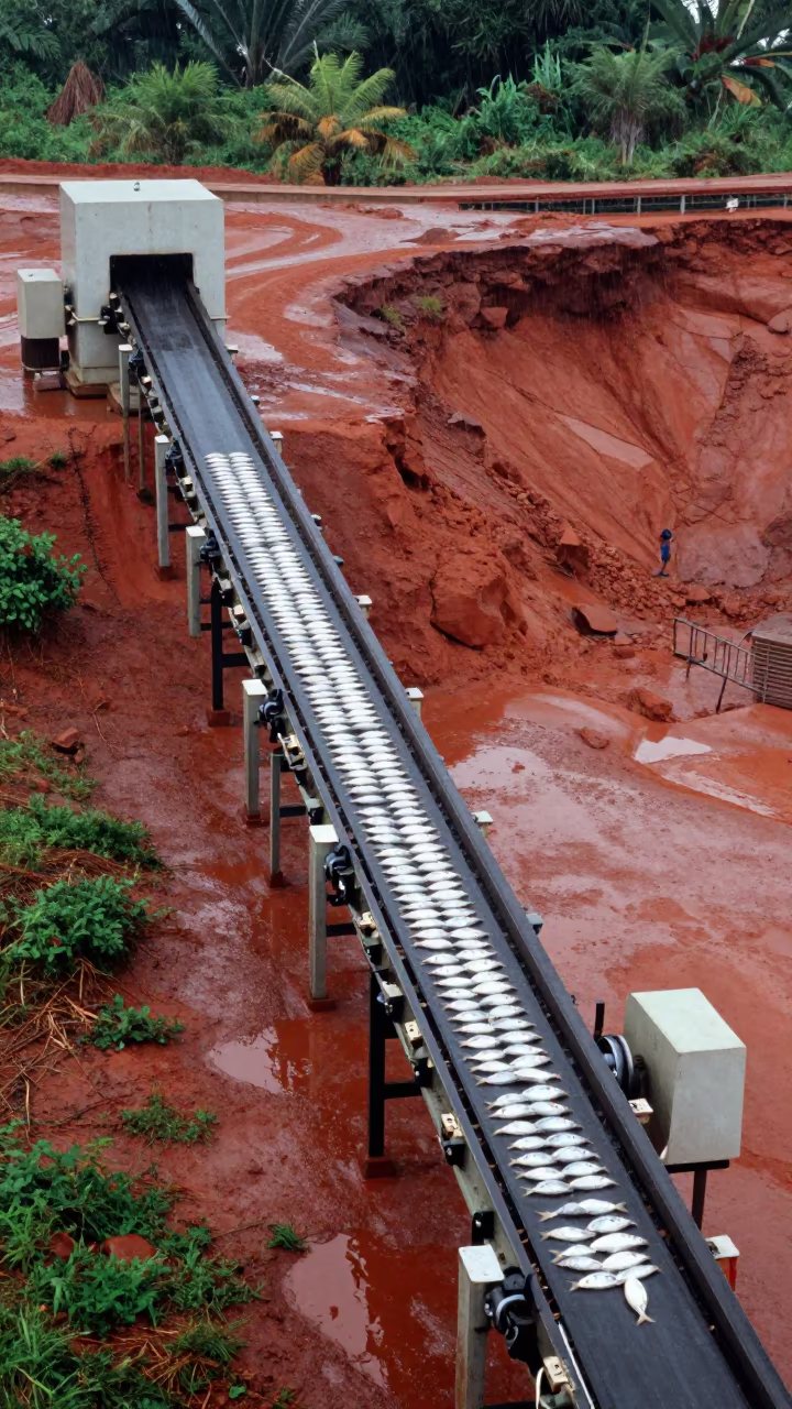 Fish Processing Plant Conveyor on Lichinga Quarry Ledge in on a quarry ledge near Lichinga