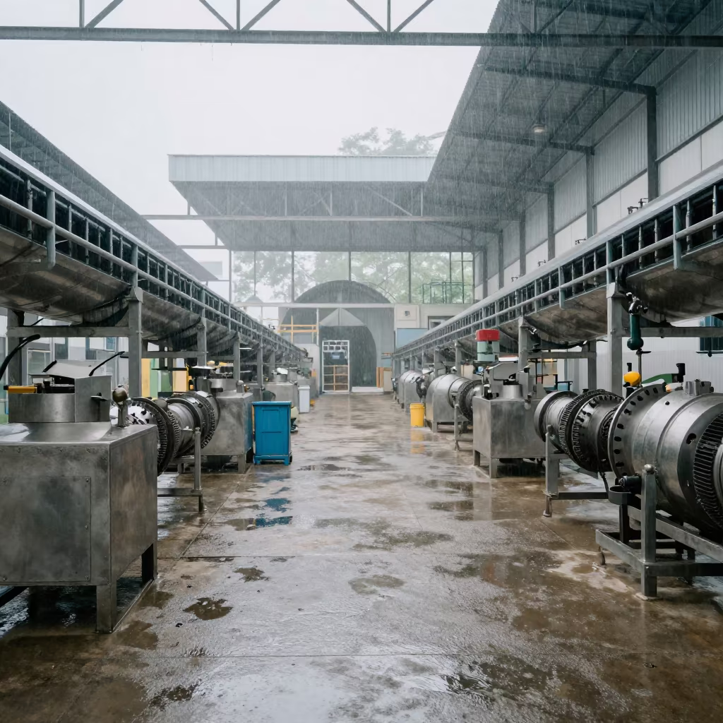 Fish Processing Plant Conveyor in Monsoon Dawn in in a turbine hall near Mandsaur