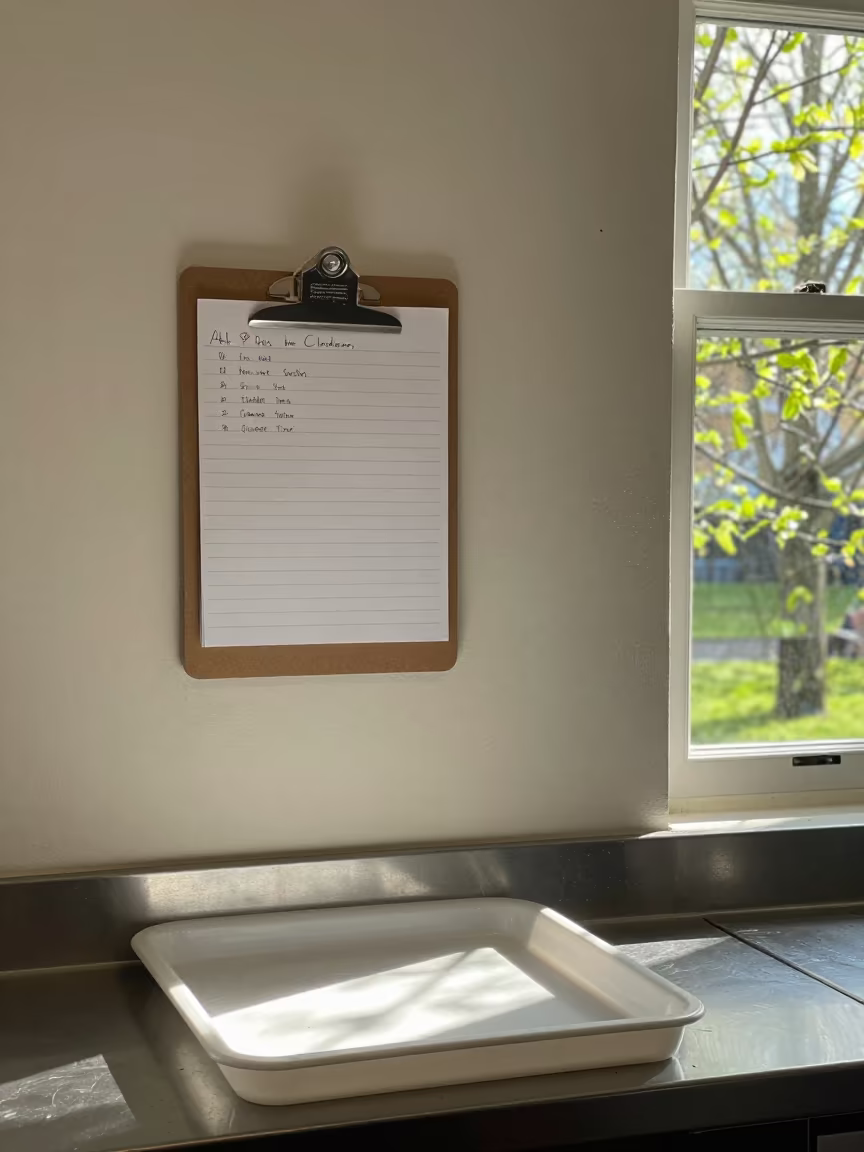 Fish Quarantine Clipboard Wall in Southampton Grooming Bay in inside a grooming bay in Southampton