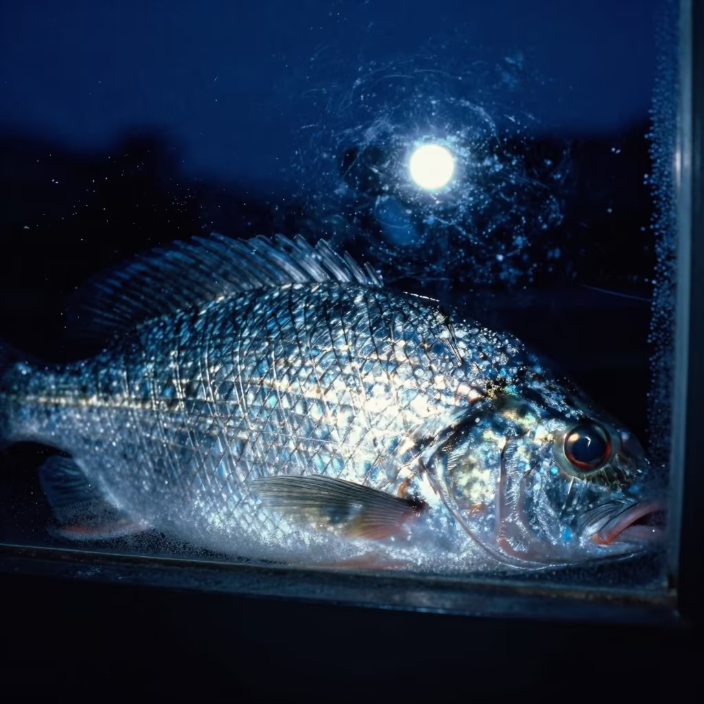 Fish Scale Growth Rings on Frosty Window in along a frost-edged windowpane near Dakar