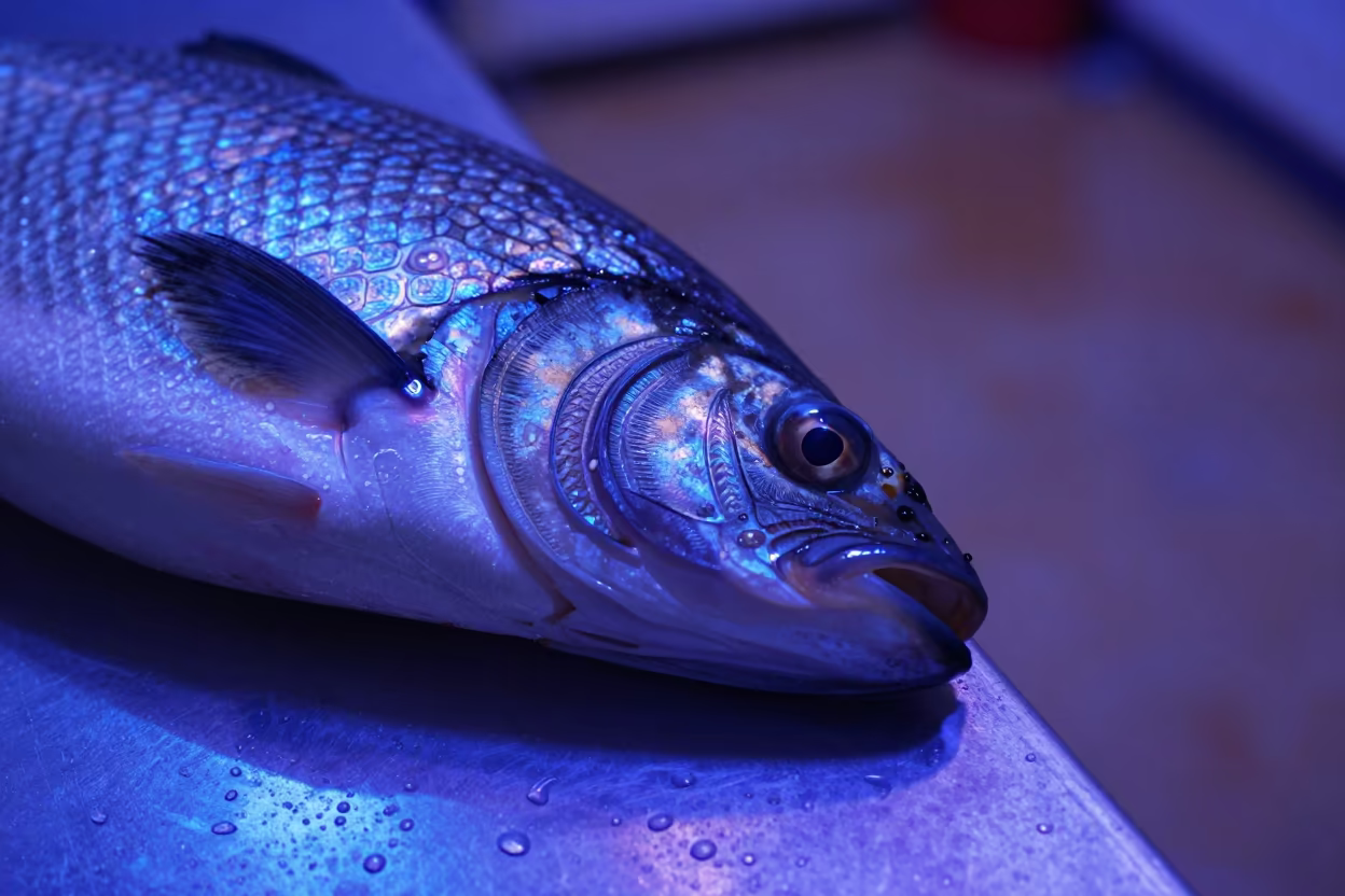 Growth Rings on Fish Scale Near Lagos in across a rain-beaded metal surface near Lagos