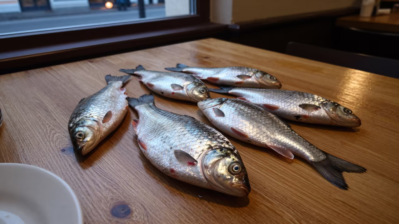 Fish Scales on Prague Diner Table at Twilight in at a roadside diner table in Prague