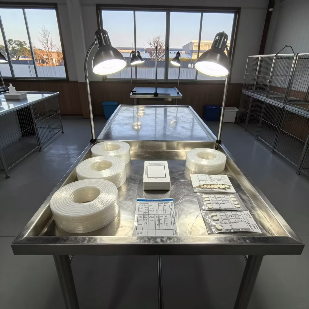 Fish Shipping Bench Under Task Lights in Nagoya in inside a fish bagging counter zone in Nagoya