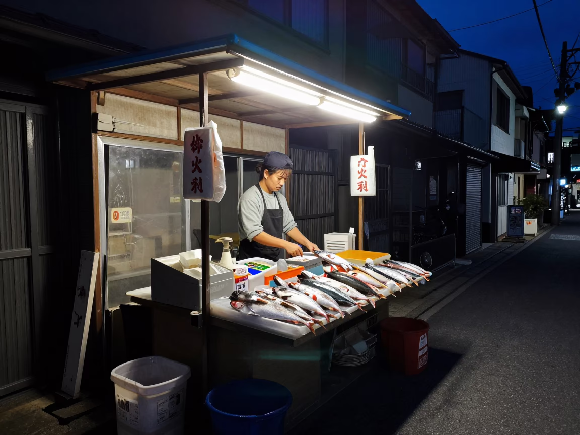 Fish Stall at Deep In The Night Light in Fukuoka in in Fukuoka, Japan