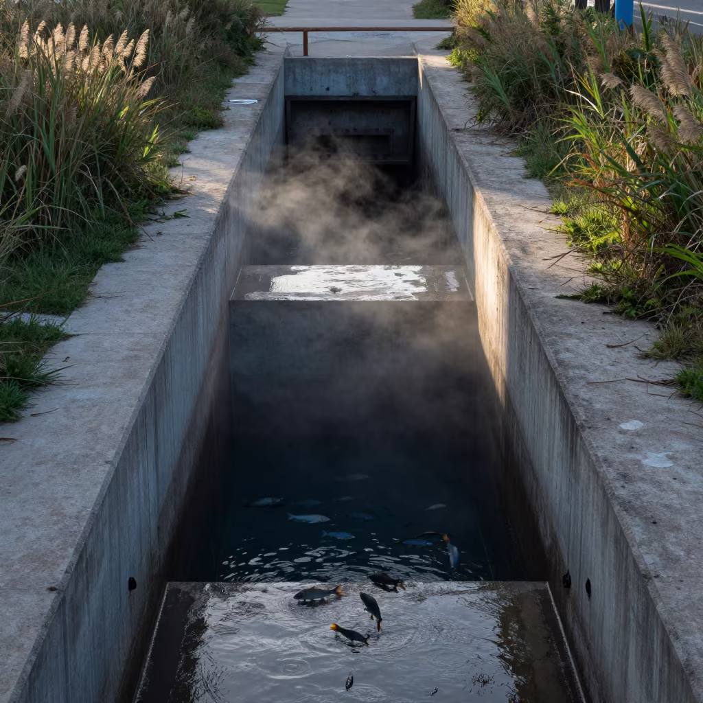 Fish Swarm Above Concrete Canal at Dawn in at a canal lock chamber near Havana