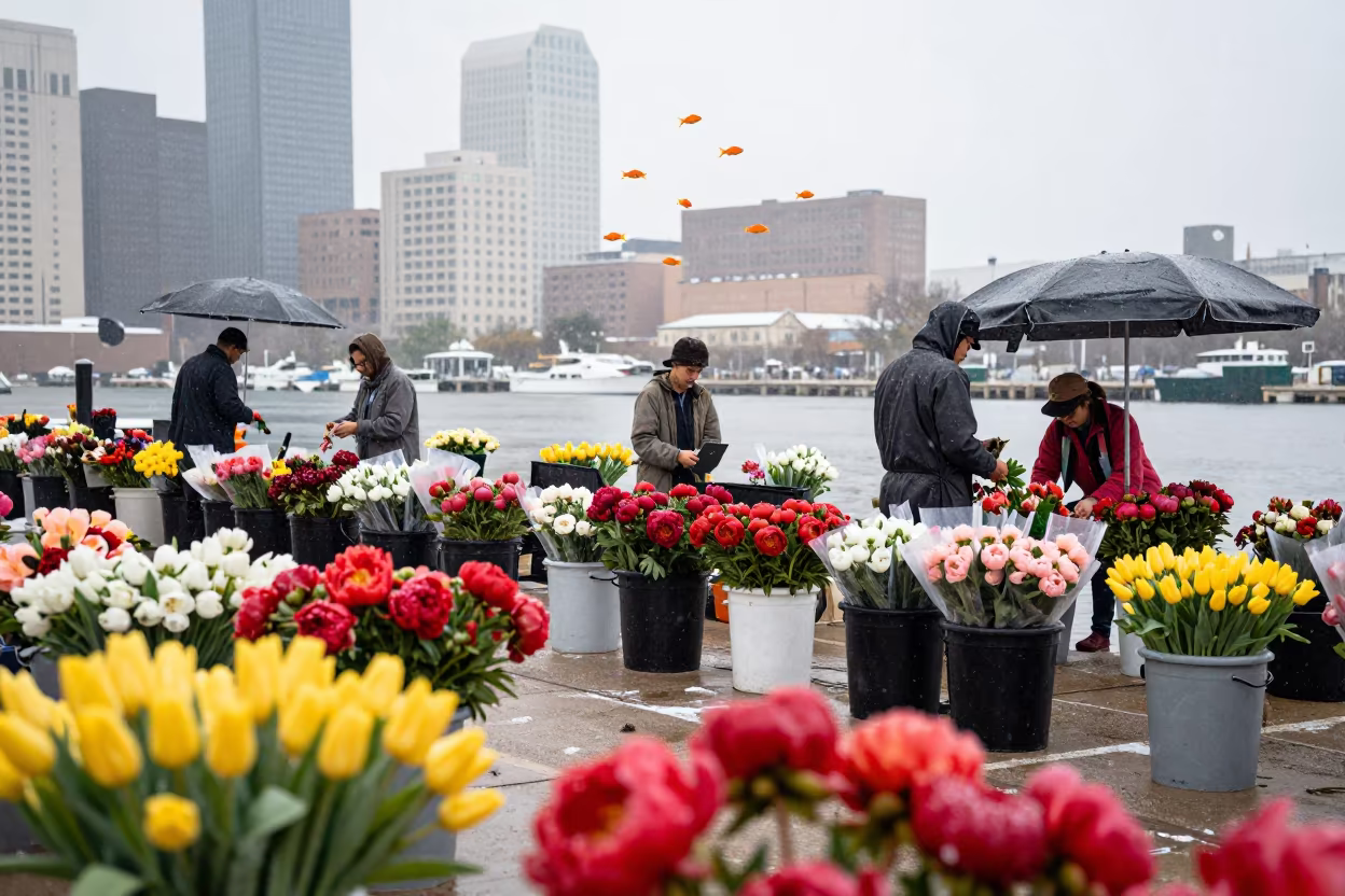 Fish Swarming Peonies Flower Auction in at a harbor quay near Dallas