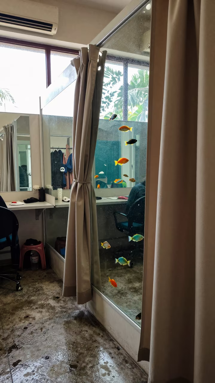 Fish Swim Through Fitting Room Mirror Reflections in in a backstage changing corridor in San Luis Potosí