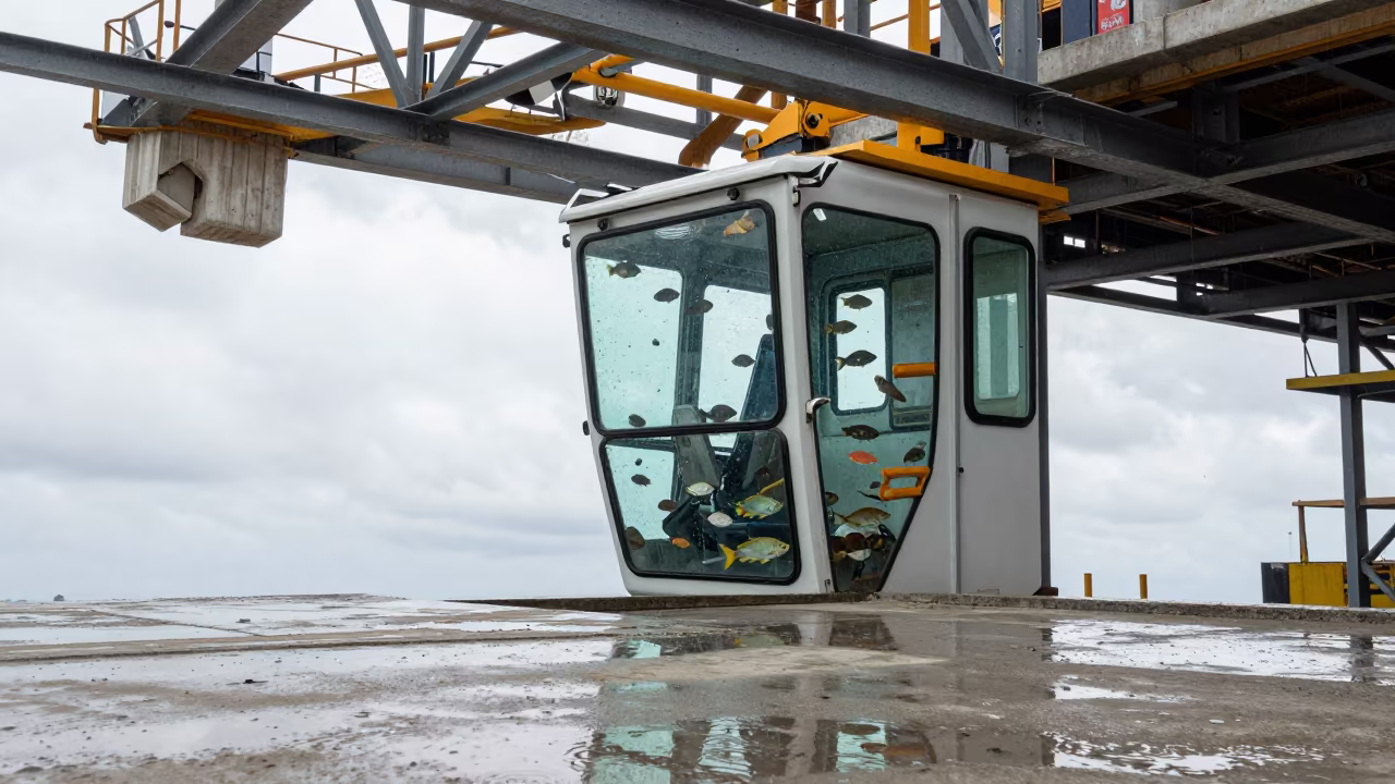 Fish Swimming Above Crane Cabin Douala Construction Site in beside exposed structural steel near Douala