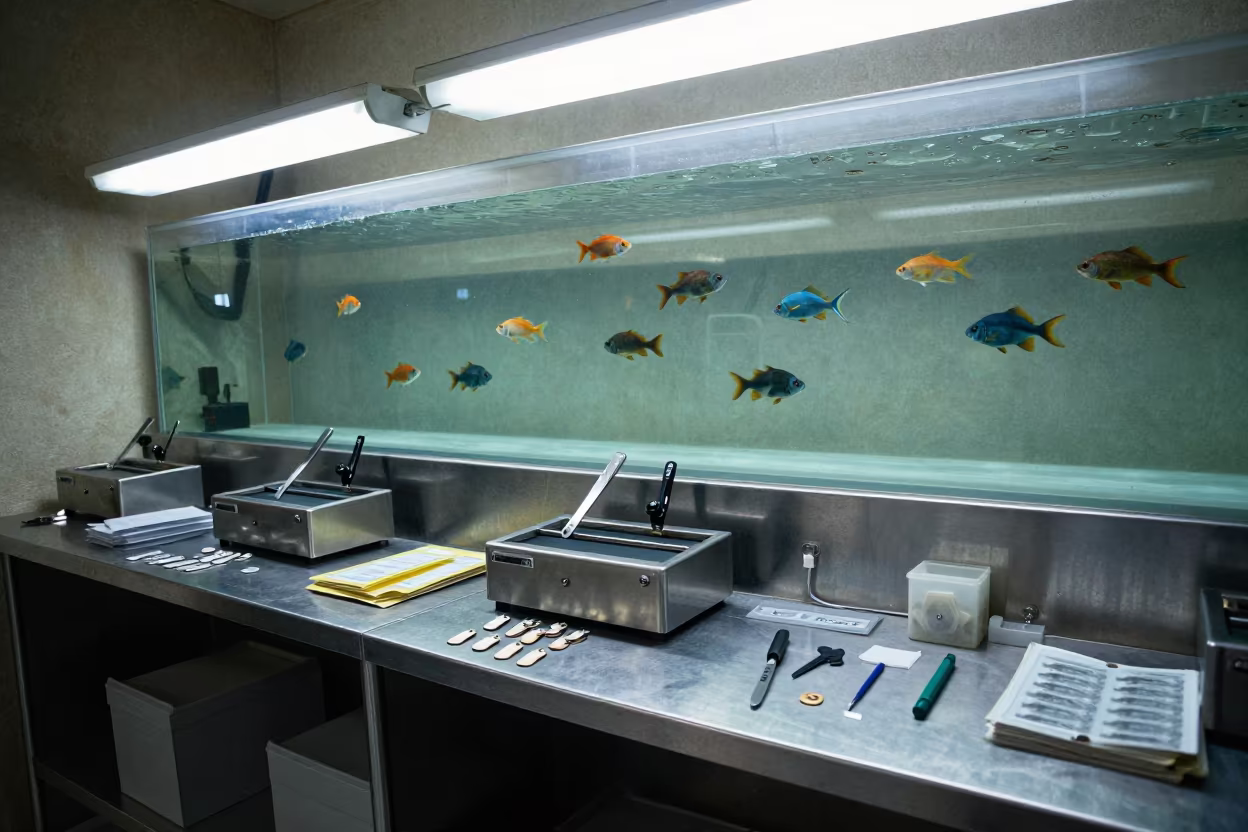 Fish Swimming Above Pet Tags in Riyadh Stockroom in inside a stockroom behind the sales floor in Riyadh