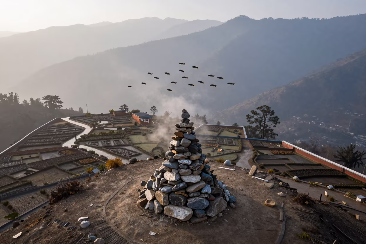Fish Swimming Over Himalayan Cairn in beside a summit cairn above the tree line near Thimphu