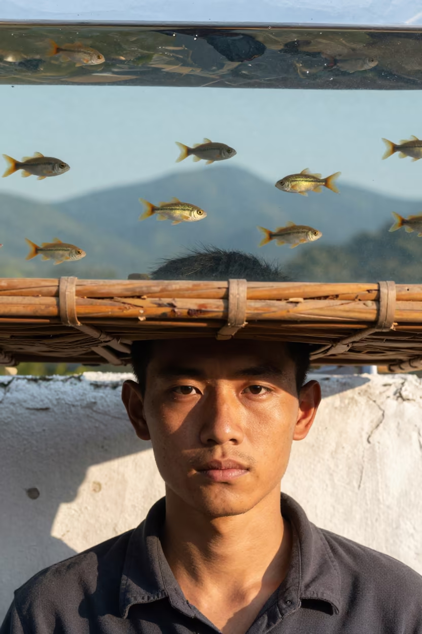 Fish Swimming Past Tea Picker Forehead in against a sun-bleached plaster wall near Yokohama